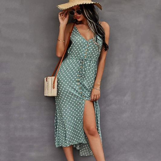Women's Waist Slimming Slit Stitching Polka-dot Long Dress