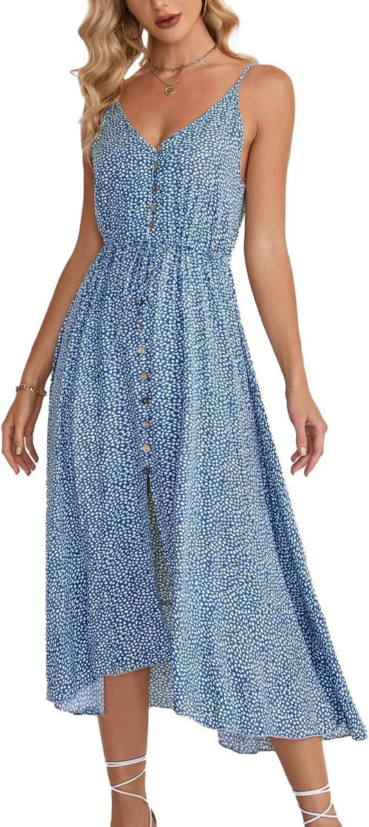 Women's Waist Slimming Slit Stitching Polka-dot Long Dress
