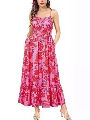 Women's Sleeveless Spaghetti Strap Pleated Pleated Beach Dress